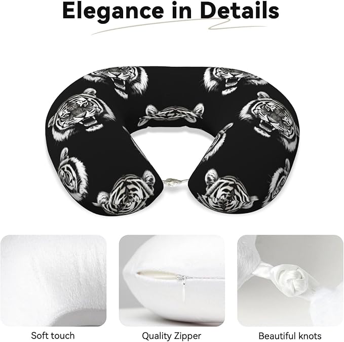 Neck Travel Pillow, Women Men Washable Airplane Car Pillows Tiger Black and White, Head Support Rest U Shaped Cushion Comfortable for Watching TV