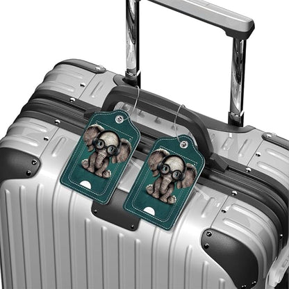 Funny PU Leather Luggage Tags 2-Pack with Headphones Cute Little Elephant Cute Pattern Suitable for Suitcase Stainless Steel Loop and Address Card Essential for Cruise and Airport Travel