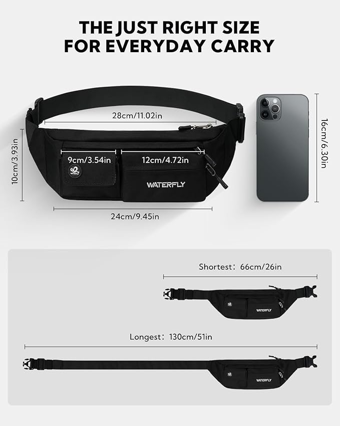 WATERFLY Small Crossbody Fanny Pack: 5 Pocket Slim Lightweight Waist Belt Hip Bag for Women Men Water Resistant Chest Pouch for Travel Hiking Running Walking Fit All Phones - Black