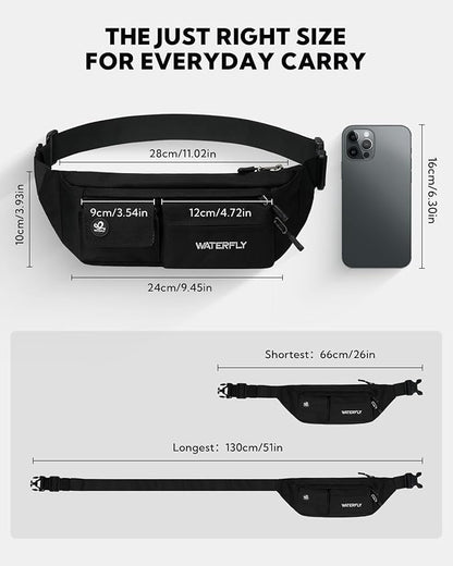 WATERFLY Small Crossbody Fanny Pack: 5 Pocket Slim Lightweight Waist Belt Hip Bag for Women Men Water Resistant Chest Pouch for Travel Hiking Running Walking Fit All Phones - Black