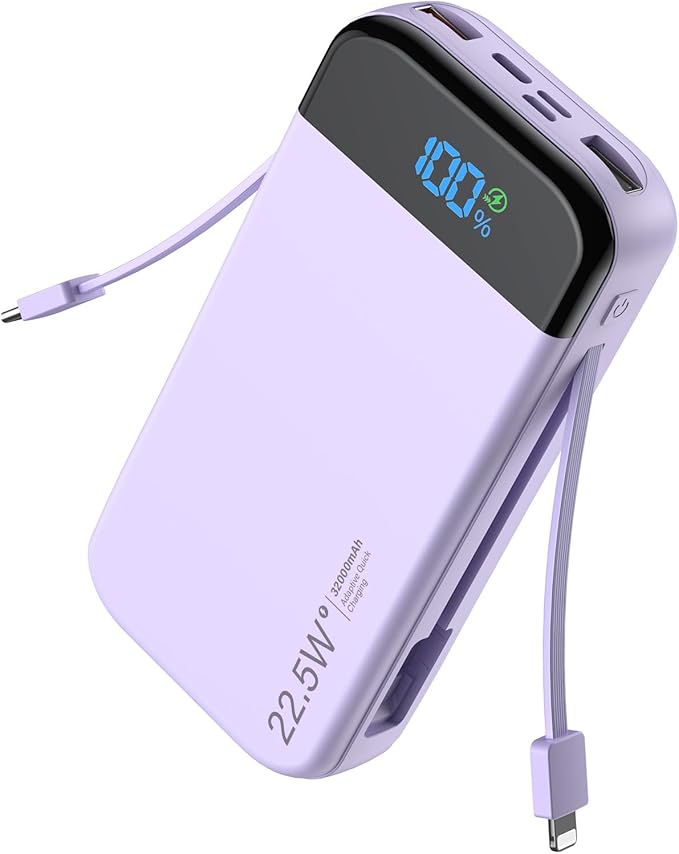 Portable Charger Power Bank Built-in Cables, 32000mAh 22.5W USB C Fast Charging, 5 Outputs 3 Inputs Travel Essentials Battery Pack Compatible with iPhone, iPad, Samsung, Google Pixel, Purple