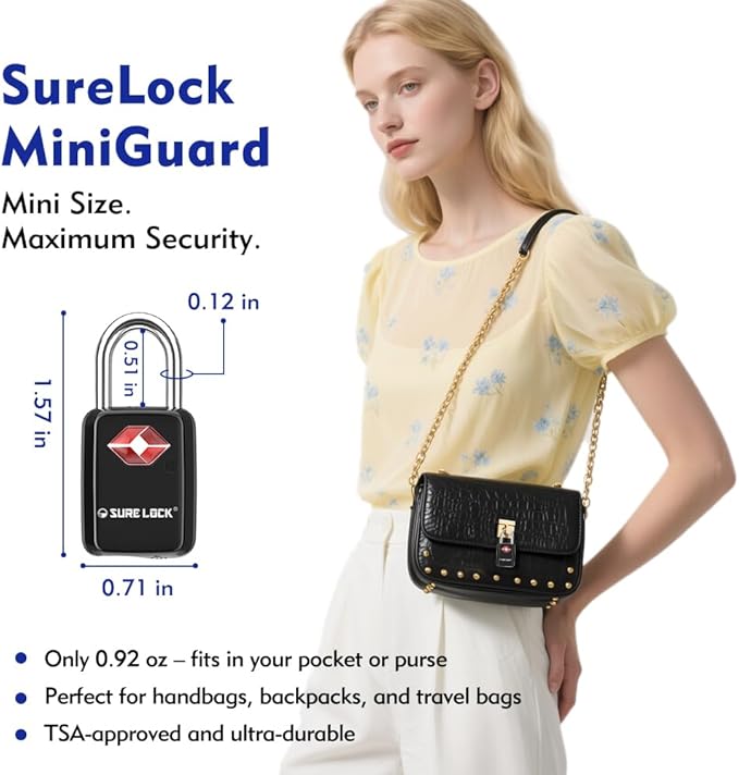Sure Lock TSA Approved Luggage Locks Mini Size Lock with Keys for Travel, Zinc Alloy Body with Steel Shackle, Key Alike, Key Alike in The Same Package