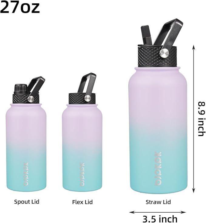 BJPKPK Insulated Water Bottles with Straw Lid, 27oz Stainless Steel Water Bottle with 3 Lids, Leak Proof BPA Free Metal Thermo, Mugs, Tumblers, Keep Cold Hot - Lavender Green