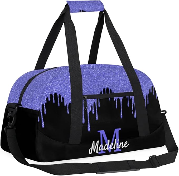 Personalized Kids Sports Duffel Bag with Name Custom Weekender Overnight Bag for Boys Girls Gym Bag Travel Dance Gymnastics Duffel Bag, Blue Purple Glitter