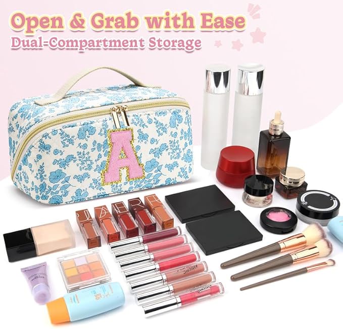 Personalized Travel Makeup Bag Set,Initial Travel Cute Floral Makeup Organizer Bag,Toiletry Skincare Cosmetic Bag,Christmas Gifts for Women/Girls,Open Flat Toiletry Pouch with Brush Pocket-E
