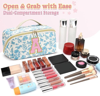 Personalized Travel Makeup Bag Set,Initial Travel Cute Floral Makeup Organizer Bag,Toiletry Skincare Cosmetic Bag,Christmas Gifts for Women/Girls,Open Flat Toiletry Pouch with Brush Pocket-P