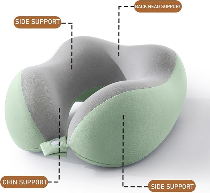 Ergonomic U-Shaped Memory Foam Neck Pillow for Travel & Office with Carry Pouch, Provides Neck Support for Airplane, Train, Anti-Sideturn Sleep (Green)