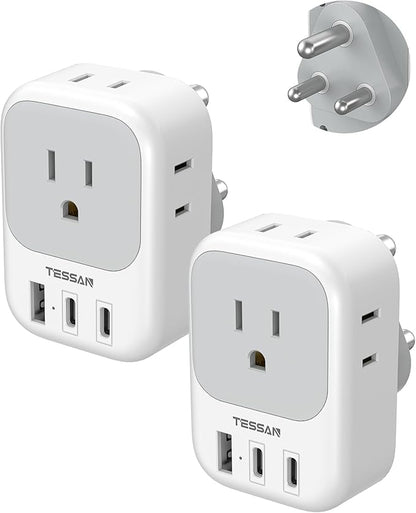 South Africa Plug Adapter 2 Pack, TESSAN Type M Adapter for South Africa with 4 Outlets 3 USB (2 USB-C), Type M Adaptor for US to Namibia Botswana India Nepal Mozambique Sri Lanka