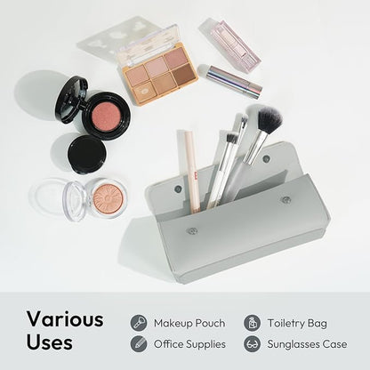 carrotez Stylish PU Leather Makeup Bag: Versatile Travel Toiletry Bag & Cosmetic Pouch, Small Makeup Organizer for Purse Essentials - Ideal Makeup Brush Holder & Sunglasses Case for Women - Grey