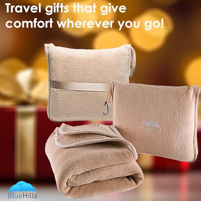 BlueHills Premium Soft Travel Blanket Pillow Airplane Blanket Packed in Soft Bag Pillowcase with Hand Luggage Belt Backpack Clip Compact Pack Large Portable Flight Throw Beige T005