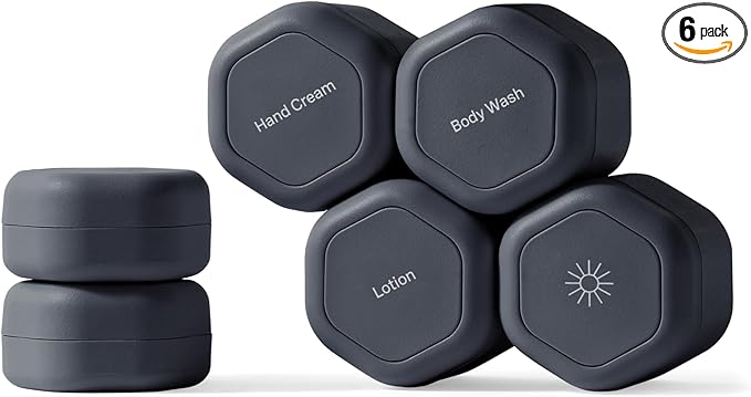 Cadence Travel Containers - 6 Piece Body Care Set - Magnetic Travel Capsules for Women/Men - 2 Small & 4 Medium Capsules - Lotion, Body Wash, Sun Icon, Hand Cream, Lotion, Body Oil Labels - Charcoal
