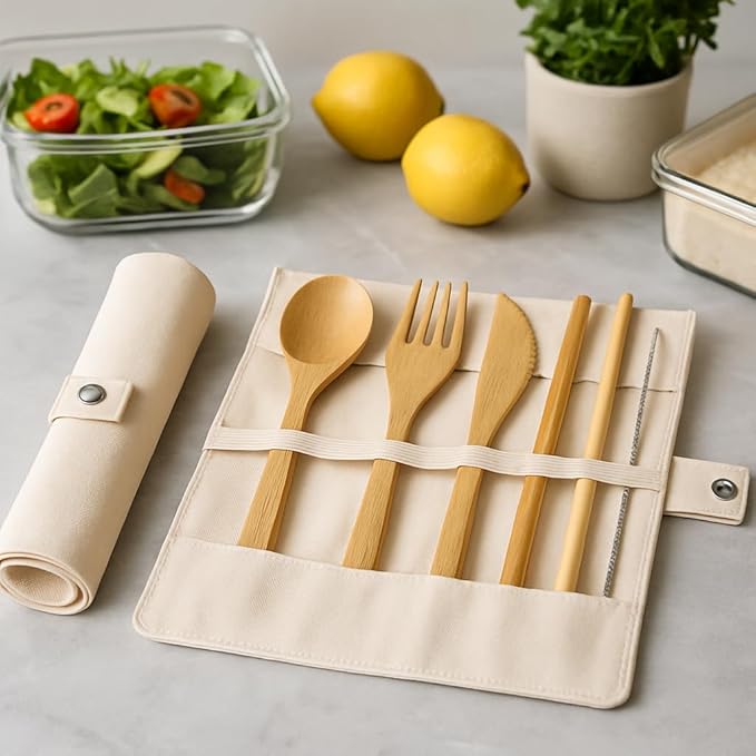 Bamboo Utensil Set Reusable Travel Cutlery – Eco Friendly Portable Flatware Kit with Wooden Fork, Spoon, Knife, Chopsticks & Straw – Zero Waste Lunch Box Accessories for Work, Camping, Picnic