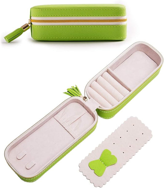 BONNY DODO Small Travel Jewelry Organizers Box for women with PU Leather Portable Mini Jewelry Case with compartments for Necklace Rings Earrings,Luxury Giftable boxes. (Grass green, S)