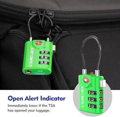 SURE LOCK TSA Approved Combination Luggage Locks with Open Alert Indicator – Durable Zinc Alloy Cable Travel Locks with Large Easy-Read Dials for Suitcases, Backpacks & Gym Bags （Green 2 Pack