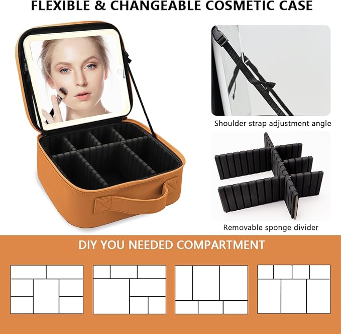 Travel Makeup Bag for Women and Makeup Artists Cosmetic Organizer Large Makeup Case,Travel Makeup Bag with Mirror 3 Color Setting,Portable Storage and Adjustable Dividers(light brown)