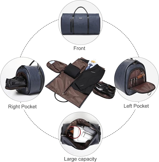 Modoker Convertible Leather Garment Bag, Carry on Garment Bags for Travel, Garment Duffel Bag, Gifts for Men Women Business Waterproof Suitcase Suit Travel Bags, Blue