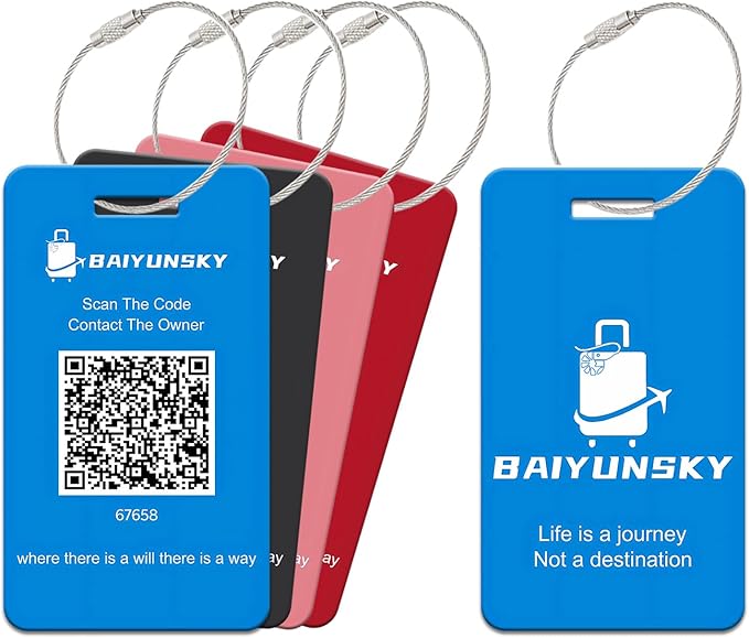Smart Luggage Tags for Suitcases, 4 Pack Privacy QR Code Security Information Luggage Tag, Steel Ring, Waterproof Easy Identify Personalized Luggage Tag, No App or Subscription Needed (4 Colours)