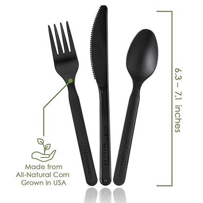 Ecovita 100% Compostable Forks Spoons Knives Cutlery Combo Set - 380 Large Disposable Utensils (7 in.) Eco Friendly Durable and Heat Resistant Alternative to Plastic Silverware with Convenient Tray