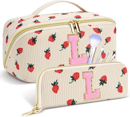 Personalized Travel Makeup Bag Set,Initial Travel Strawberry Makeup Organizer Bag,Toiletry Skincare Cosmetic Bag,Christmas Gifts for Women/Girls,Open Flat Toiletry Pouch with Brush Pocket-L