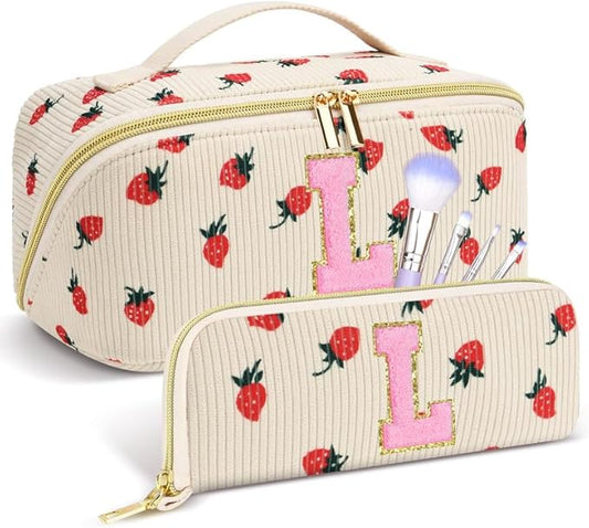 Personalized Travel Makeup Bag Set,Initial Travel Strawberry Makeup Organizer Bag,Toiletry Skincare Cosmetic Bag,Christmas Gifts for Women/Girls,Open Flat Toiletry Pouch with Brush Pocket-L