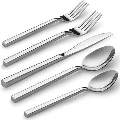 Alata Cube 40-Piece Forged Stainless Steel Flatware Set Cutlery Set, Silverware Set Service for 8, Mirror Finish, Dishwasher Safe