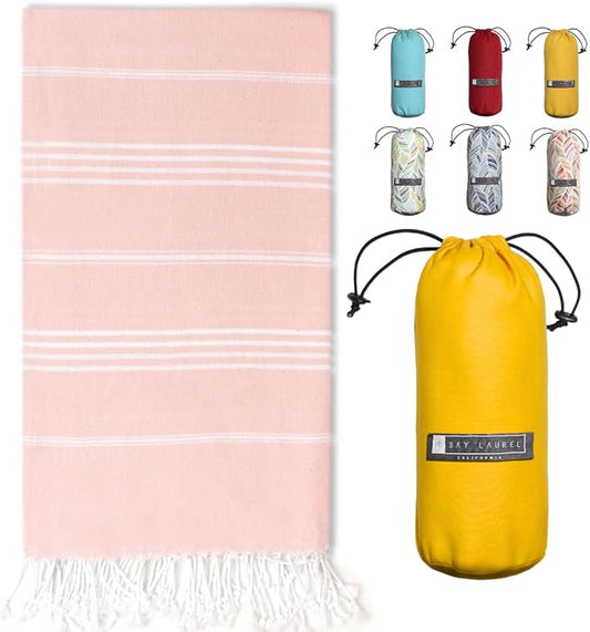 BAY LAUREL Turkish Beach Towel with Travel Bag 39 x 71 Quick Dry Sand Free Lightweight Large Oversized Towels Light (Powder with Yellow Bag)