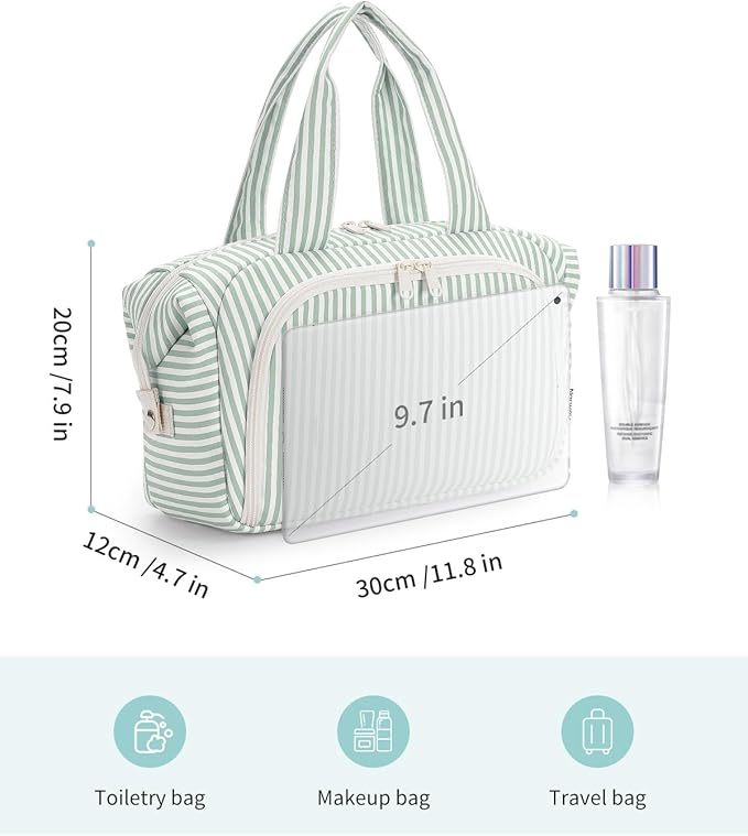 Narwey Travel Toiletry Bag, Wide-open Large Toiletry Bags for Traveling Women, Checkered Travel Bag for Toiletries Cosmetic Makeup Bag Organizer, Skincare Make Up Bag (Mint Green Stripe)