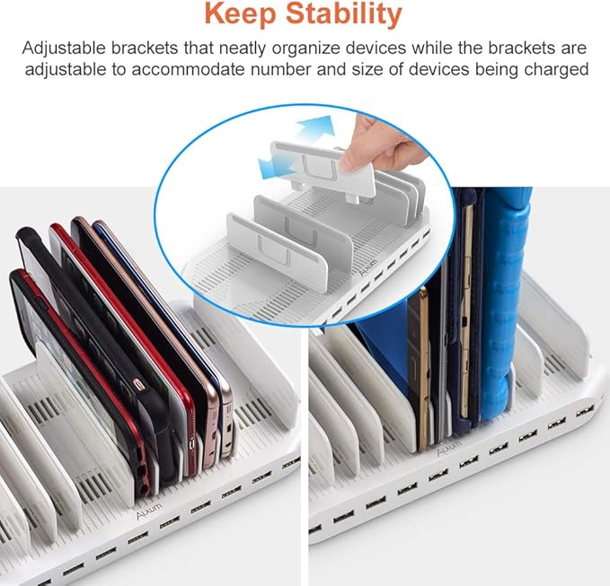 Alxum iPad Charging Station, 96W 10 Port USB Charging Station for Tablet and More Multi Devices Organizer with Detachable Dividers, White