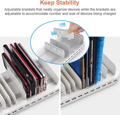 Alxum iPad Charging Station, 96W 10 Port USB Charging Station for Tablet and More Multi Devices Organizer with Detachable Dividers, White