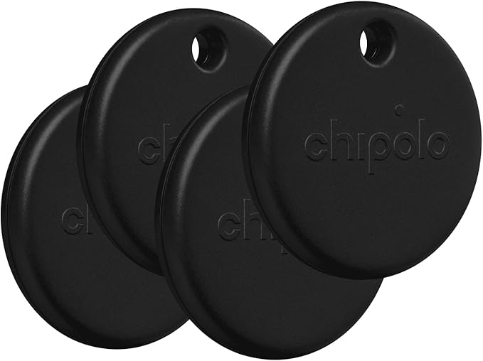 Chipolo POP Tracker Tag - Colorful, Compatible, Loud Bluetooth Tracker with Call Your Phone & Out of Range Alert, Works with Apple Find My or Google's Find My Device - 4 Pack (Black)