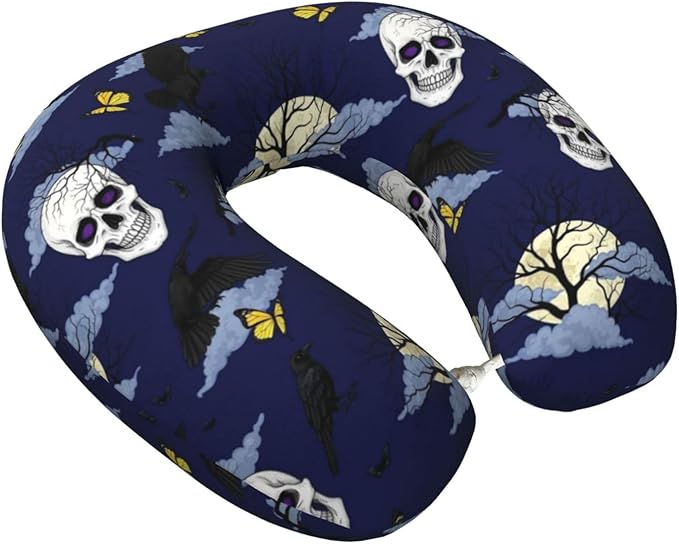 Neck Travel Pillow, Women Men Washable Airplane Car Pillows Halloween Full Moon Raven Goth Skulls, Head Support Rest U Shaped Cushion Comfortable for Watching TV