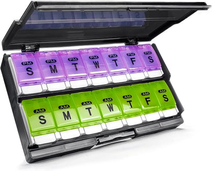 Extra Large Weekly Pill Organizer 2 Times a Day - Remtise Am/Pm Daily Pill Case Medicine Organizer, Push Button 7 Day Pill Box for Pills/Vitamin/Cod Liver Oil/Supplements (Purple & Green)