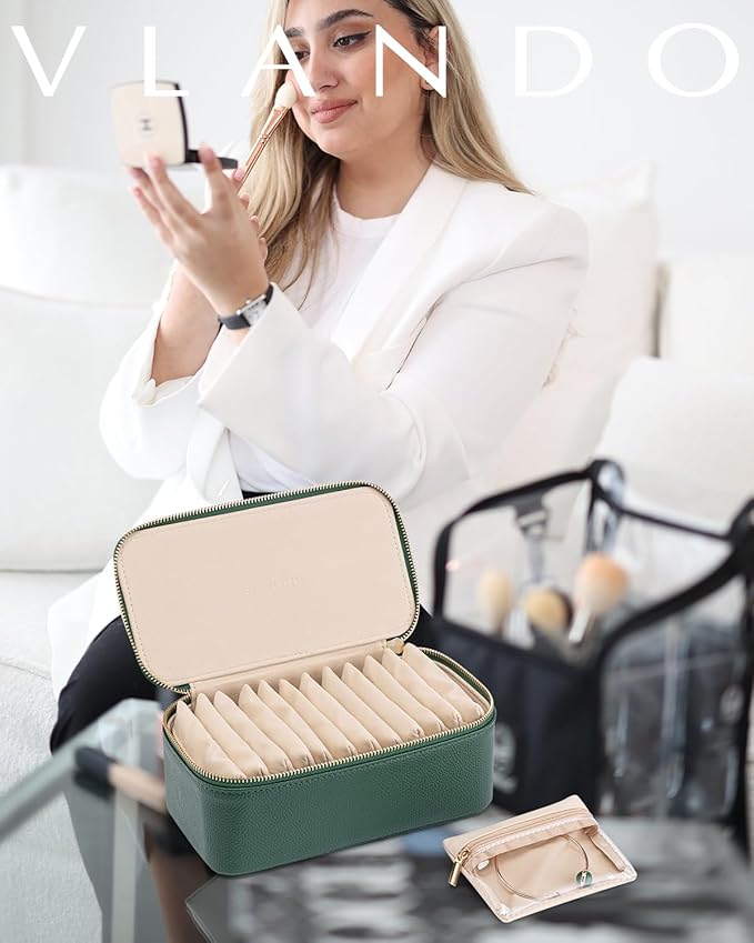 Vlando Jewelry Case with 12 Velvet Jewelry Bags Travel Jewelry Organzier for Travelers Necklace Rings Earrings Jewelry Bags Christmas Birthday Wedding Valentines Day Gifts (Green)