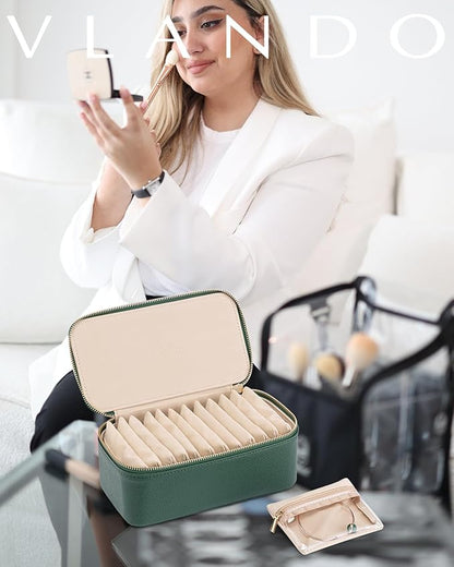 Vlando Jewelry Case with 12 Velvet Jewelry Bags Travel Jewelry Organzier for Travelers Necklace Rings Earrings Jewelry Bags Christmas Birthday Wedding Valentines Day Gifts (Green)