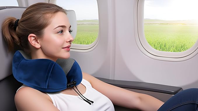 Airplane Travel Neck Pillow, 100% Memory Foam Ergonomic Neck Support, Airplanes Neck Pillow with Washable Cover Travel Essential for Flight Car & Office Includes Eye Masks, Earplugs & Carry Bag (Blue)
