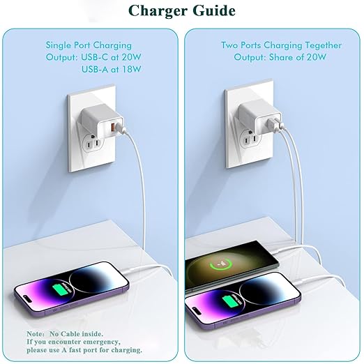 iPhone 15 Fast Charger, 2Pack USB C Charger - 20W Dual Port PD Type C + QC3.0 USB A Fast Charging Brick Plug Adapter for iPhone 15 Pro Max/15 Plus/14/13/12/11/Pro Max/SE/X, iPad Pro (White)
