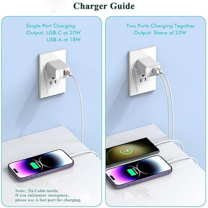 iPhone 15 Fast Charger, 2Pack USB C Charger - 20W Dual Port PD Type C + QC3.0 USB A Fast Charging Brick Plug Adapter for iPhone 15 Pro Max/15 Plus/14/13/12/11/Pro Max/SE/X, iPad Pro (White)