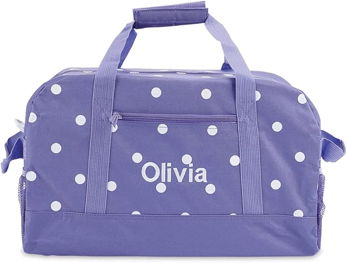 Lillian Vernon Personalized Duffel Bag for Kids, Roomy Purple and White Polka Dot Weekender With Front & Side Compartment, Customizable Girls Sports & Travel Bags With Custom Name, 9" x 10 ½" x 19"