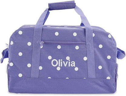 Lillian Vernon Personalized Duffel Bag for Kids, Roomy Purple and White Polka Dot Weekender With Front & Side Compartment, Customizable Girls Sports & Travel Bags With Custom Name, 9" x 10 ½" x 19"
