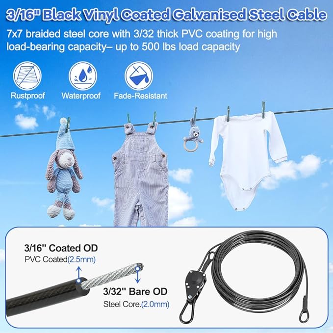 TooTaci 15ft Outdoor Clothesline Kit, 3/16" Black PVC Coated Wire Rope Heavy Duty Portable Clothes Line Kit with Self-Locking Pulley, Screw Hook & Snap Hook for Camping, Backyard, Balcony, Travel