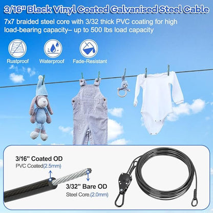 TooTaci 15ft Outdoor Clothesline Kit, 3/16" Black PVC Coated Wire Rope Heavy Duty Portable Clothes Line Kit with Self-Locking Pulley, Screw Hook & Snap Hook for Camping, Backyard, Balcony, Travel