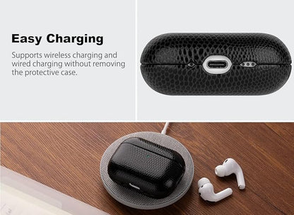 Handmade Case - for AirPods Pro 3 Case Cover - Selected Vegan Leather, Lizard Skin Texture, Drop Protective Hard Shell Cover for AirPods Pro 3rd Generation Earbuds - Black