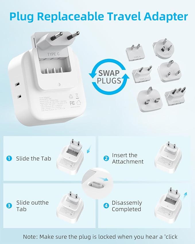 European Travel Plug Adapter Set, 8-in-1 Travel Adapter with 4 AC, 4 USB Ports (2 USB C), US to UK/EU Universal Travel Adapter, International Power Adapter with Type C/G/D/L/A/I Detachable Plugs