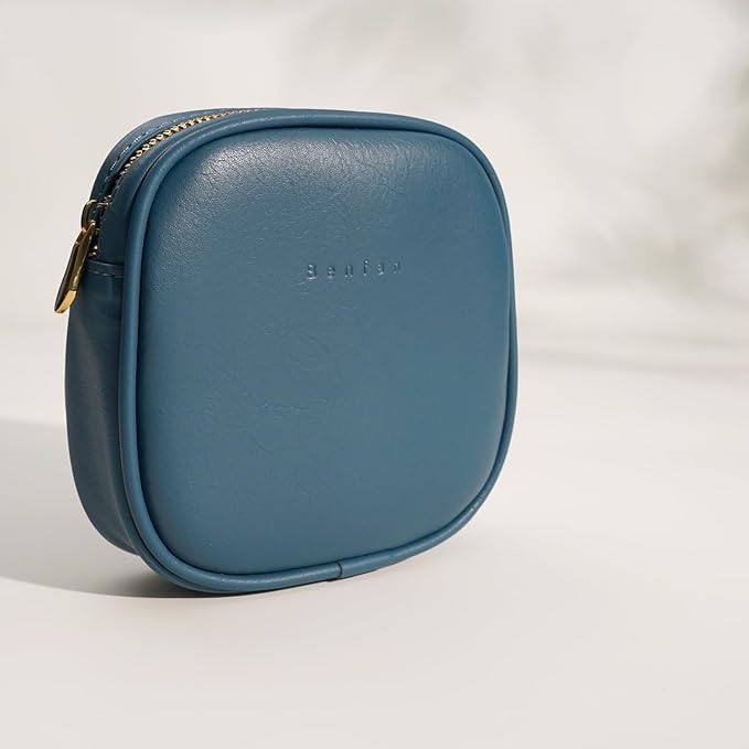 Leather Cosmetic Bag for Women Small Zipper Makeup Bag for Purse Waterproof Travel Makeup Organizer Charger Storage Pouch Color Blue