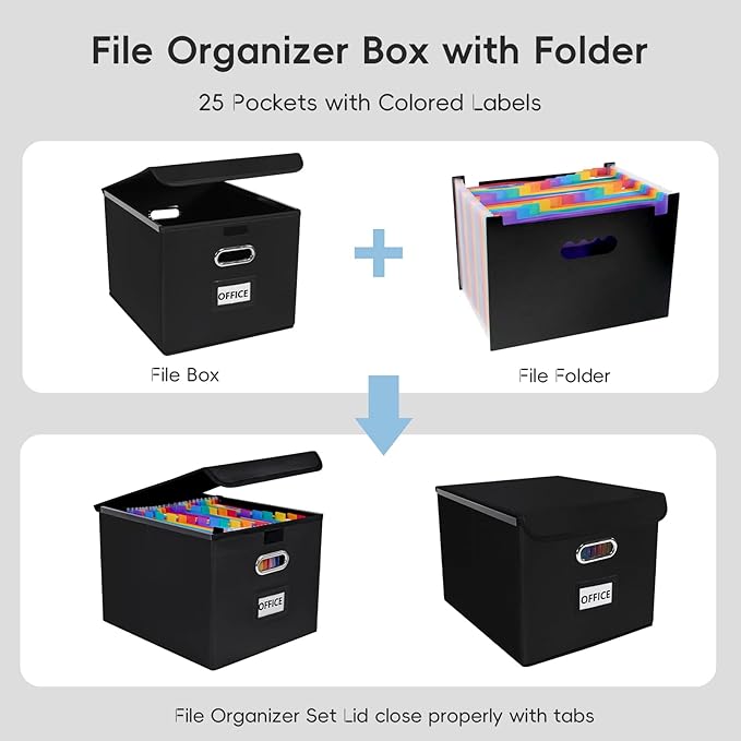 File Organizer Box with Folder, 25 Pockets Accordion File Organizer with Colored Labels, Upgraded & Portable File Folders for Home, Office, School, Black-Leather