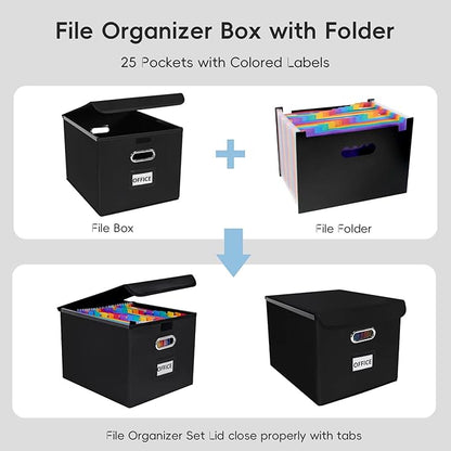 File Organizer Box with Folder, 25 Pockets Accordion File Organizer with Colored Labels, Upgraded & Portable File Folders for Home, Office, School, Black-Leather