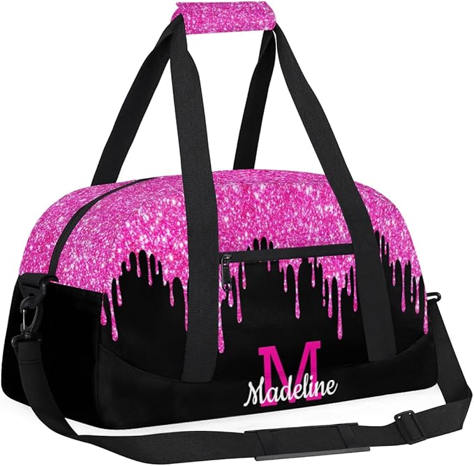 Personalized Kids Sports Duffel Bag with Name Custom Weekender Overnight Bag for Boys Girls Gym Bag Travel Dance Gymnastics Duffel Bag, HotPink Glitter