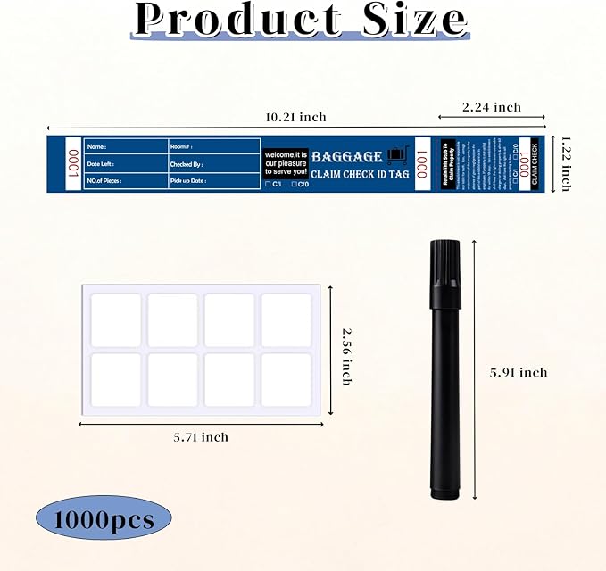 1000 Tags Luggage Tags for Suitcases | Hotels Baggage Claim Check for Bags with Transfer Tape & Serial Numbering, A Marker & Double-Sided Tape | Hotel Luggage Claim Bulk Ticket, Navy Blue