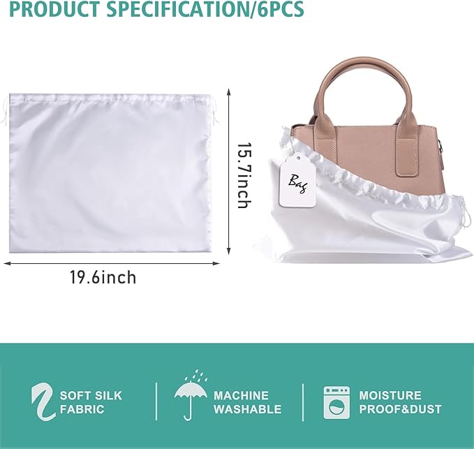 6 Pack Dust Bags for Handbags, Shoe Dust Bags for Purses, Silk Cotton Purse Cover Storage Bag(White, M-19.6 × 15.7 in)