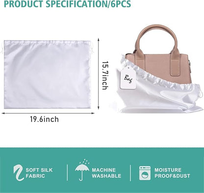 6 Pack Dust Bags for Handbags, Shoe Dust Bags for Purses, Silk Cotton Purse Cover Storage Bag(White, M-19.6 × 15.7 in)